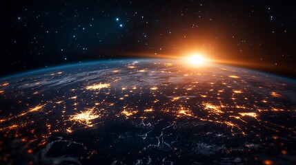 Stunning earth view from space at sunrise showing city lights glowing brightly offering a powerful and inspiring global perspective