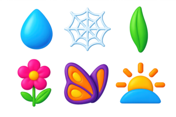Morning Meadow Icons. 3D icon set of morning meadow: dewdrop, spider web, grass blade, wildflower, butterfly wing, sunrise. A set
