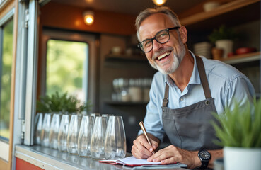 Mature man with glasses smiling in food truck, writes in notepad. He wears apron, prepares order. Small business owner works outdoor. Happy entrepreneur, ready for service.