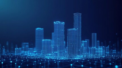 Futuristic cityscape with glowing network connecting modern buildings, symbolizing innovation and technology in a thriving digital world