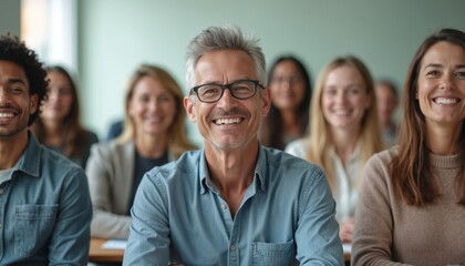 Mixed age group of smiling adults sits in bright classroom, ready for engaging learning experience. Diverse students actively listen during pro development course. Men, women from various backgrounds