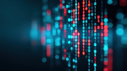 Futuristic Digital Matrix with Red and Blue Binary Code Flowing in a High-Tech Environment, Representing Data Streams and Technology Concepts