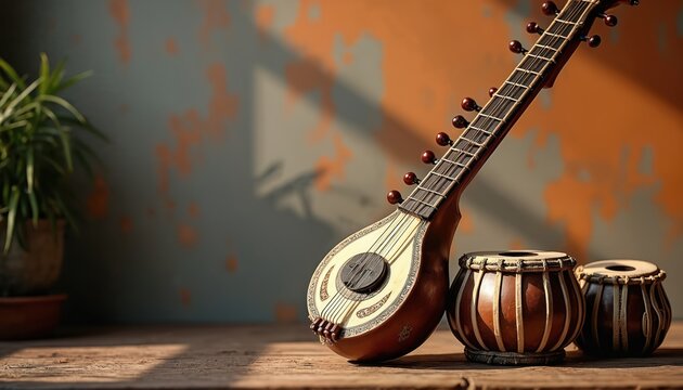 Indian sitar and tabla drums rest on wooden table. Traditional stringed instrument and percussion sit near potted plant. Classical music composition, cultural artifact.