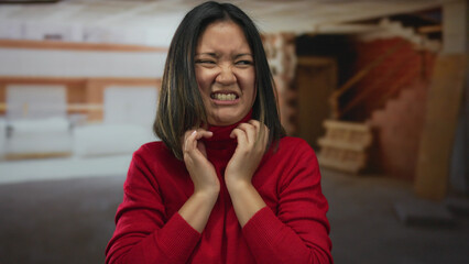 Woman grimacing with discomfort in a construction site, wearing a red sweater, capturing an indoor...