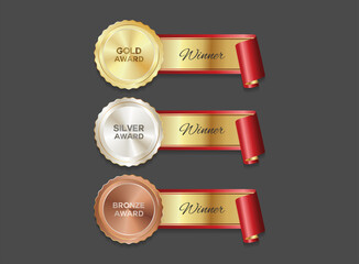 Obraz na płótnie Canvas Award golden, silver and bronze blank medals 3d vector realistic illustration. Realistic medal set. Medal icon collection. First, second and third place medals or buttons 