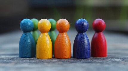Diverse wooden figures standing together representing teamwork, unity, and collaboration in vibrant colors on rustic wood, ideal for inclusivity concepts