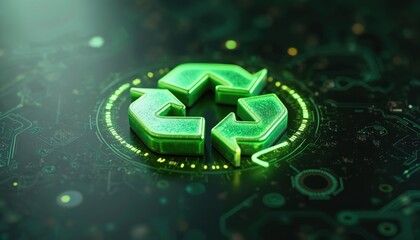 Polished green recycle symbol glows with digital arrows orbiting. Dark tech background displays circuit board patterns. Eco-friendly concept of sustainability, green tech, and future.
