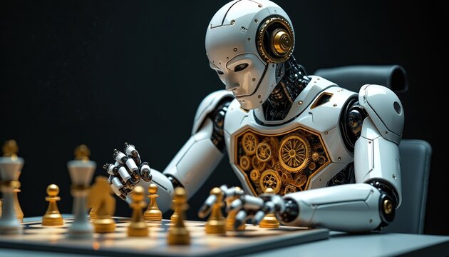Humanoid robot plays chess game, thinking strategy. Exposed mechanical gears visible in chest. Artificial intelligence, logic, and decision making.