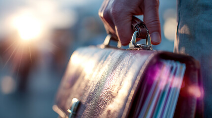 A person carries a leather briefcase at sunset, symbolizing business travel and professional success with a modern urban setting.