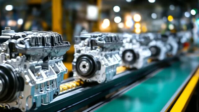 Production line engines, factory assembly view, detailed car motor arrangement, manufacturing process display, automotive industry scene, mechanical component rows, defocused facil