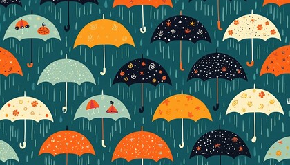 Colorful umbrellas arranged in a repeating pattern against a rainy teal backdrop. Various designs adorn the parasols with playful motifs, suggesting a cheerful mood during wet weather.