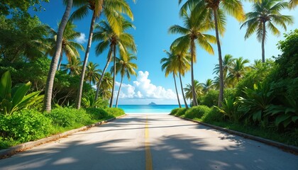 Tropical road leads to bright blue ocean and small island. Palm trees line green lush foliage sides under sunny clear sky. Coastal path guides toward sea.