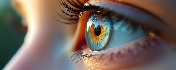 Close-up of human eye iris reflecting cityscape and trees. Macro view of blue and amber iris with lashes. Vision, sight, perception, and awareness concept.