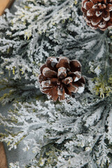 Different kinds of winter decorations with pine cones and frost on a green surface
