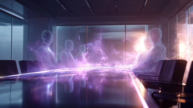 Virtual meeting with holographic figures around the table. Modern office with technology-driven communication in the business world. - Powered by Adobe