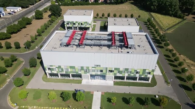 View of a new data center building infrastructure with computing network technology from above in a business area with roads and trees around during daytime