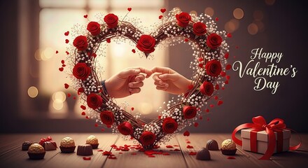 Happy Valentine's Day with loving hands touching inside a beautiful heart wreath of red roses. Sweet chocolates and a special gift complete this romantic celebration.