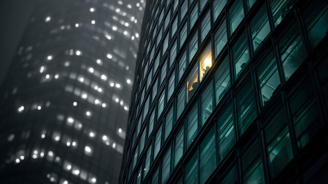 Night cityscape featuring a high-rise office building with a single, illuminated window showing late-night worker, dark building. - Powered by Adobe