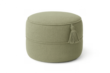 Round sage green pouf with tassel, upholstered footstool, modern home decor furniture element, transparent background