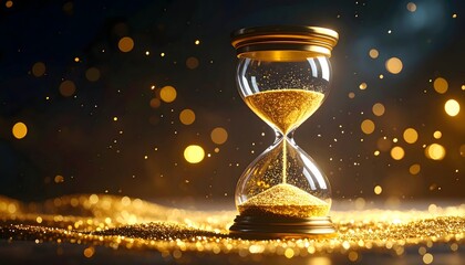 Golden Hourglass Time Passing Concept Golden Sand Sparkling Bokeh