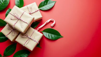 Merry Christmas gifts wrapped in beige paper with purple ribbons and green leaves on a red background with a candy cane, flat lay from above.