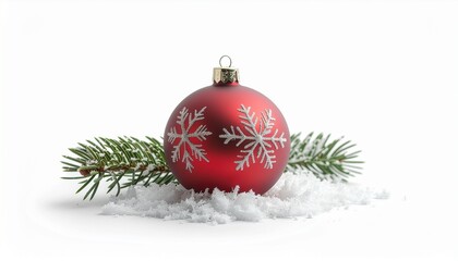 A red Christmas ornament with white snowflakes sits on snowy ground surrounded by pine branches against a white background.