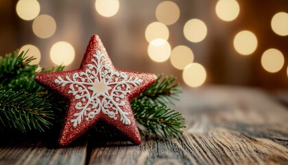 A red star-shaped Christmas ornament with white snowflake design sits on a wooden surface with pine branches and blurred lights in the background, conveying a merry Christmas mood with warm