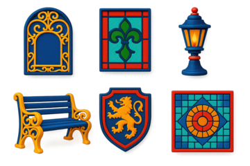 Victorian Icon Set. 3D icon set of Victorian details: wrought iron frame, patterned glass, ornate bench, gas lamp, crest emblem,