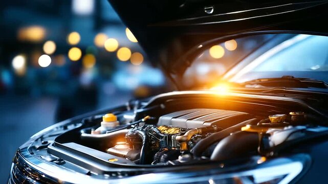 Engine bay closeup, mechanical components visible, automotive under hood, vehicle power plant, maintenance access view, complex assembly arrangement, defocused peripheral details ,
