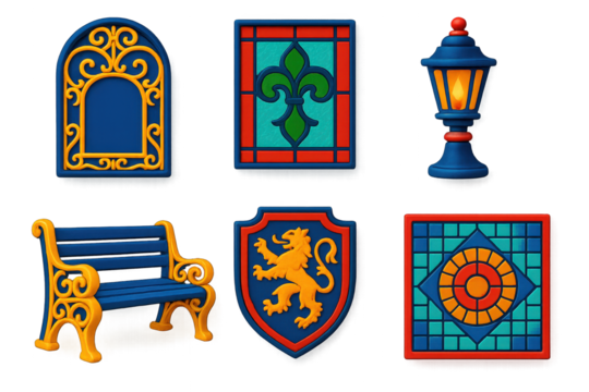 Victorian Icon Set. 3D icon set of Victorian details: wrought iron frame, patterned glass, ornate bench, gas lamp, crest emblem, - Powered by Adobe
