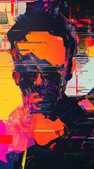 A man's face is shown in a painting with a lot of colors and splatters