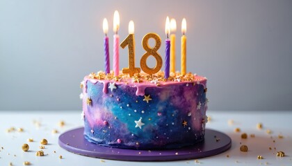 Galaxy themed cake with number 18 candles celebrates milestone. Festive confection with colorful icing, star sprinkles creates sweet, happy party vibe. Perfect for unique, memorable eighteenth