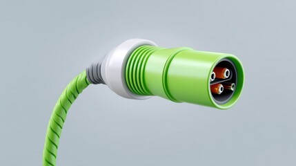 Green Electrical Power Connector on Gray Background with Detailed Close-Up of Cable and Pins for Energy and Technology Themes