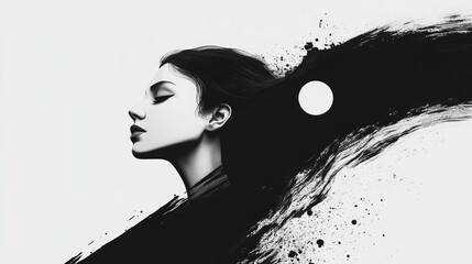 A woman with long hair is shown in a black and white photo