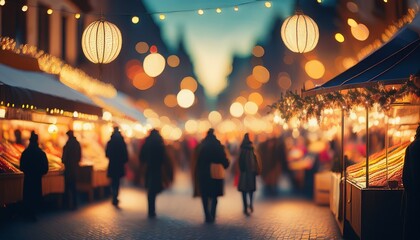 atmospheric blurred street scene with crowds and market stalls warm bokeh lights abound