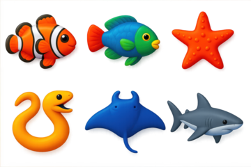 Vivid Reef Icons. 3D icon set of reef wildlife: clownfish, parrotfish, starfish, moray eel, manta ray, reef shark. A set of