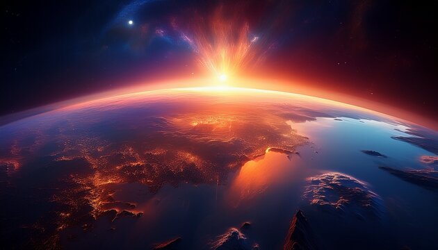 breathtaking view of earth from space with a radiant sunrise illuminating the planet s atmosphere