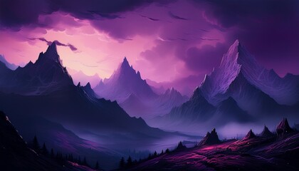 dark eerie landscape with jagged peaks under a purple sky evoking a mysterious atmosphere