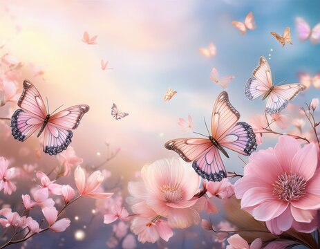 delicate butterflies fluttering among soft pink flowers in a serene pastel sky