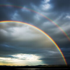Naklejka premium A spectacular double rainbow arches gracefully across a dark and stormy sky, with hopeful sunbeams breaking through the clouds