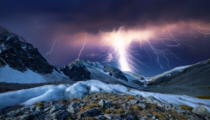dramatic lightning strikes illuminate a crystalline mountain creating a surreal and dynamic atmosphere