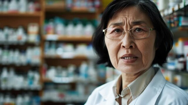 Asian woman pharmacist in white lab coat with glasses and a concerned look on her face