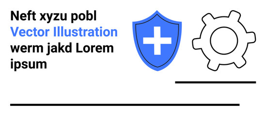 Cybersecurity, system protection, healthcare systems, technology maintenance, software security, data privacy. A shield with a cross and a gear icon. Cybersecurity and healthcare systems illustration