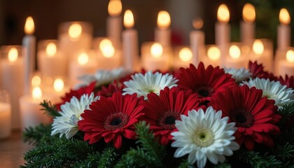 Candles glow behind floral memorial wreath. Red, white flowers honor remembrance in soft candlelight. Floral arrangement, funeral tribute with emotional message. Candles light sacred service with