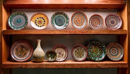 decorative plates arranged on wooden shelves showcasing intricate designs and a vase