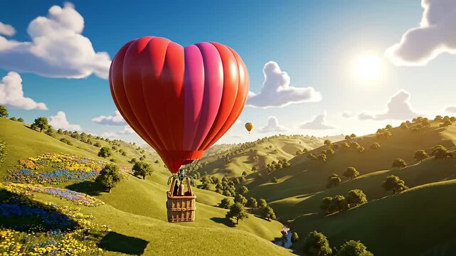 Experience the serene beauty from a romantic red heart hot air balloon gently drifting over picturesque green hills dotted with vibrant wildflowers under a clear