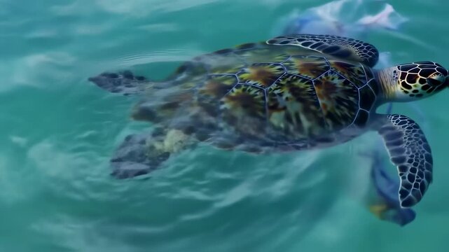 A sea turtle swims in tranquil, clear water, its patterned shell and flippers visible