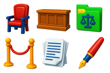Courtroom Icon Set. 3D icon set of courtroom objects: law chair, wooden bench, case folder, rope divider, document pile, ink pen.