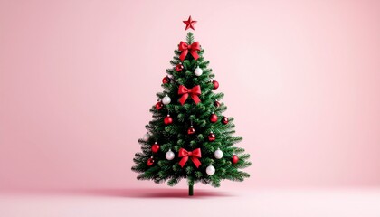 A decorated Christmas tree with red bows and ornaments stands on a pink background with a star on top, conveying a merry Christmas mood.