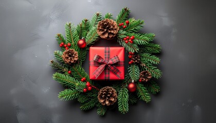 Overhead view of a festive Christmas wreath with a red gift box, pinecones, and berries on a dark background, conveying a merry Christmas mood with warm, earthy tones.